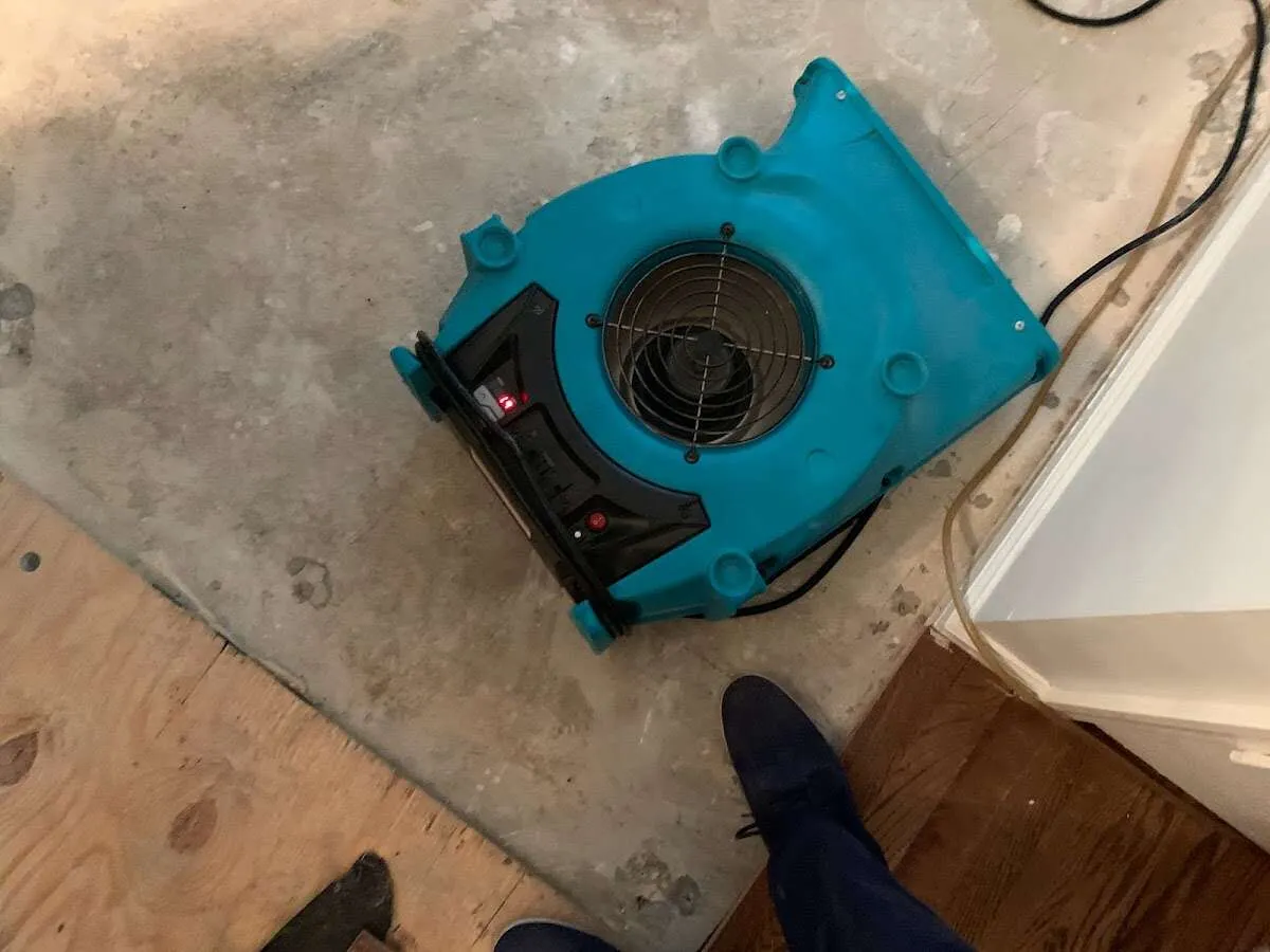Air mover drying subfloor during Commercial Water Damage Restoration in Jefferson Hills